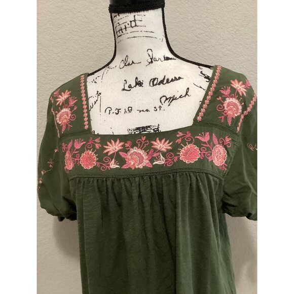 Time and Tru Green Boho Square Neck Embroidered Top W/Pink Floral Details - Picture 3 of 6